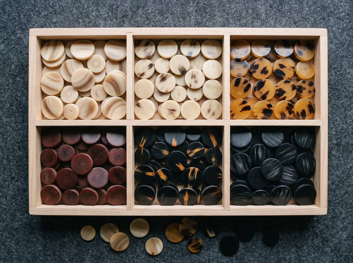 Buffalo horn button blanks sorted by colour grade