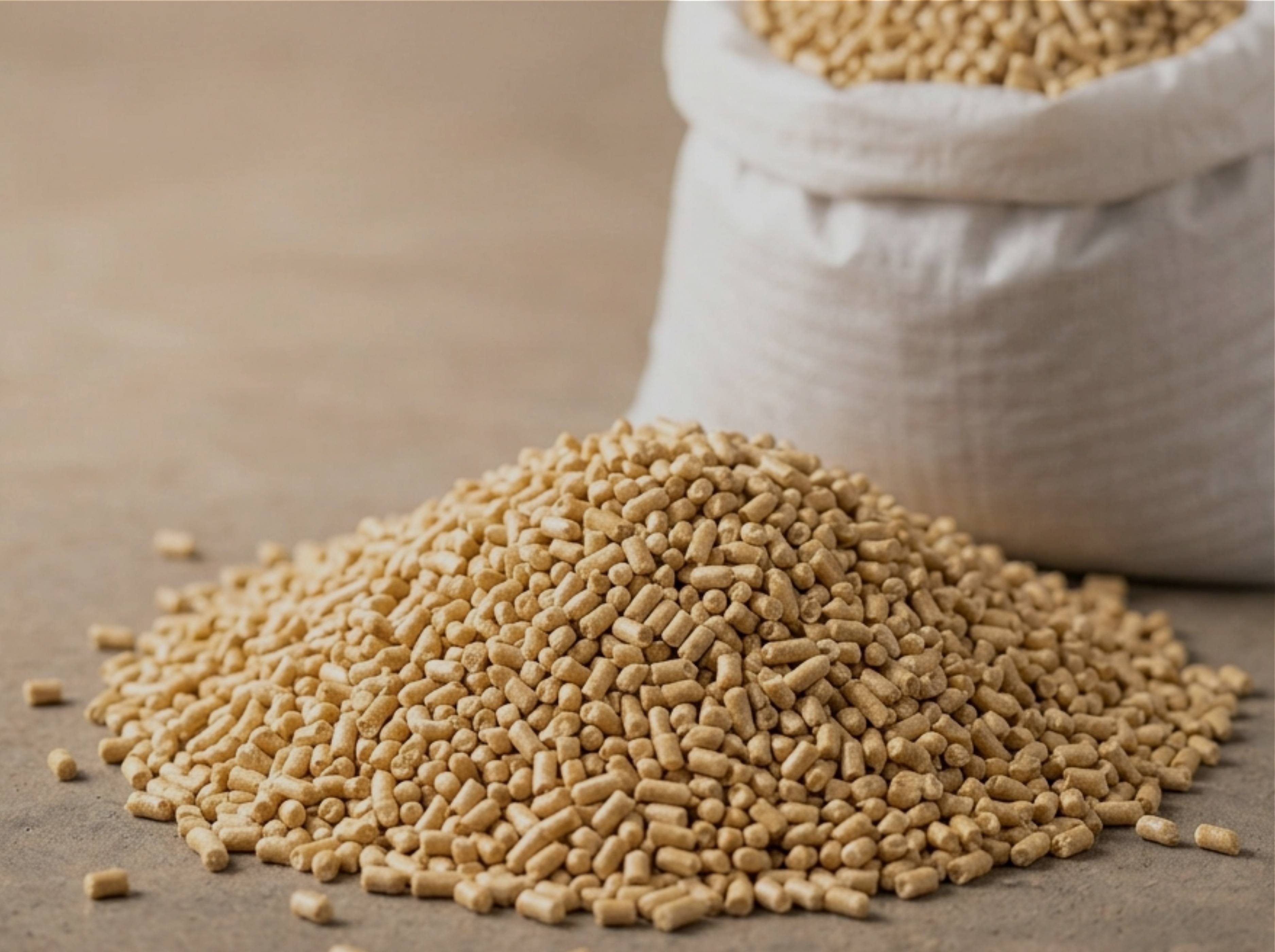 Calf starter pellets beside a woven feed bag