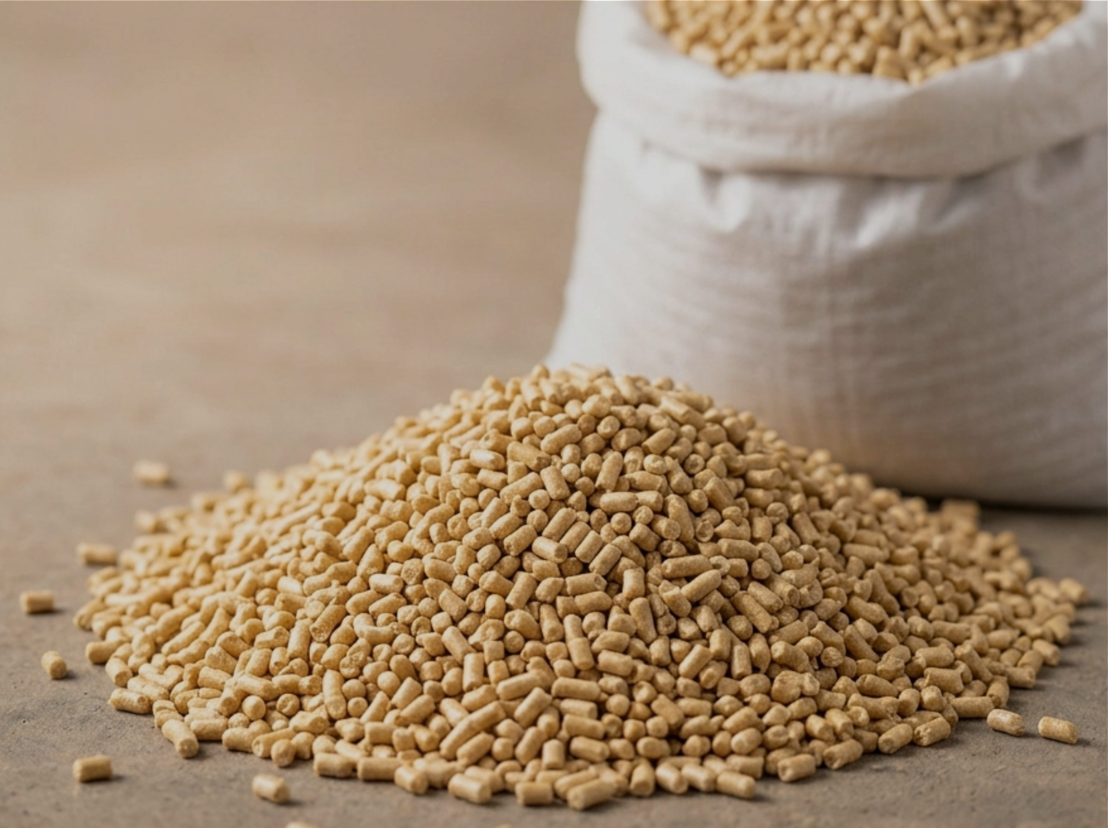 Calf starter pellets beside a woven feed bag