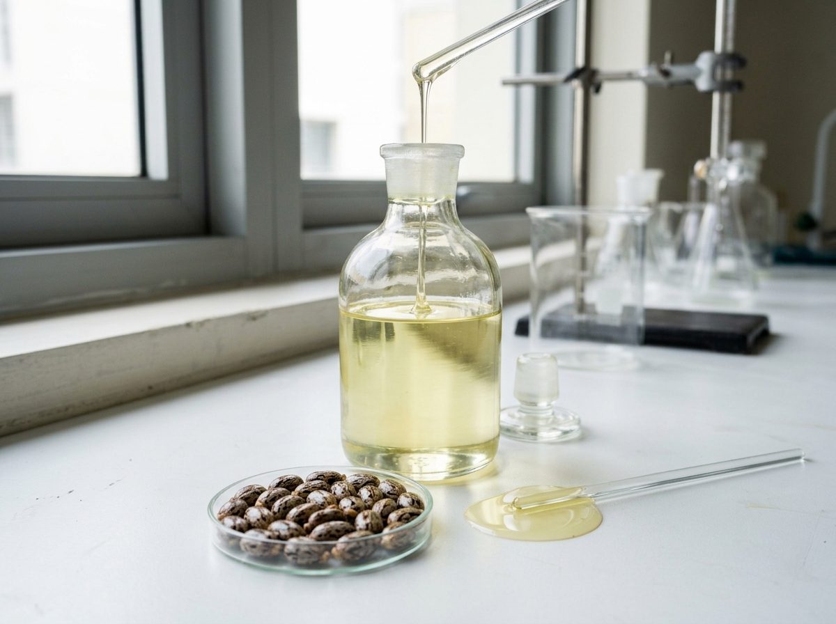 Cold-pressed castor oil in a sample bottle beside a drum