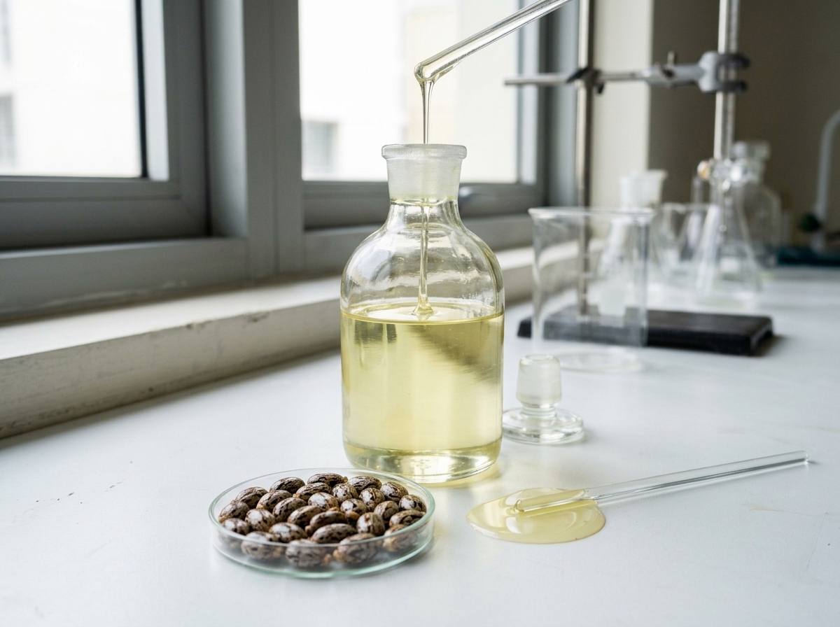 Cold-pressed castor oil in a sample bottle beside a drum
