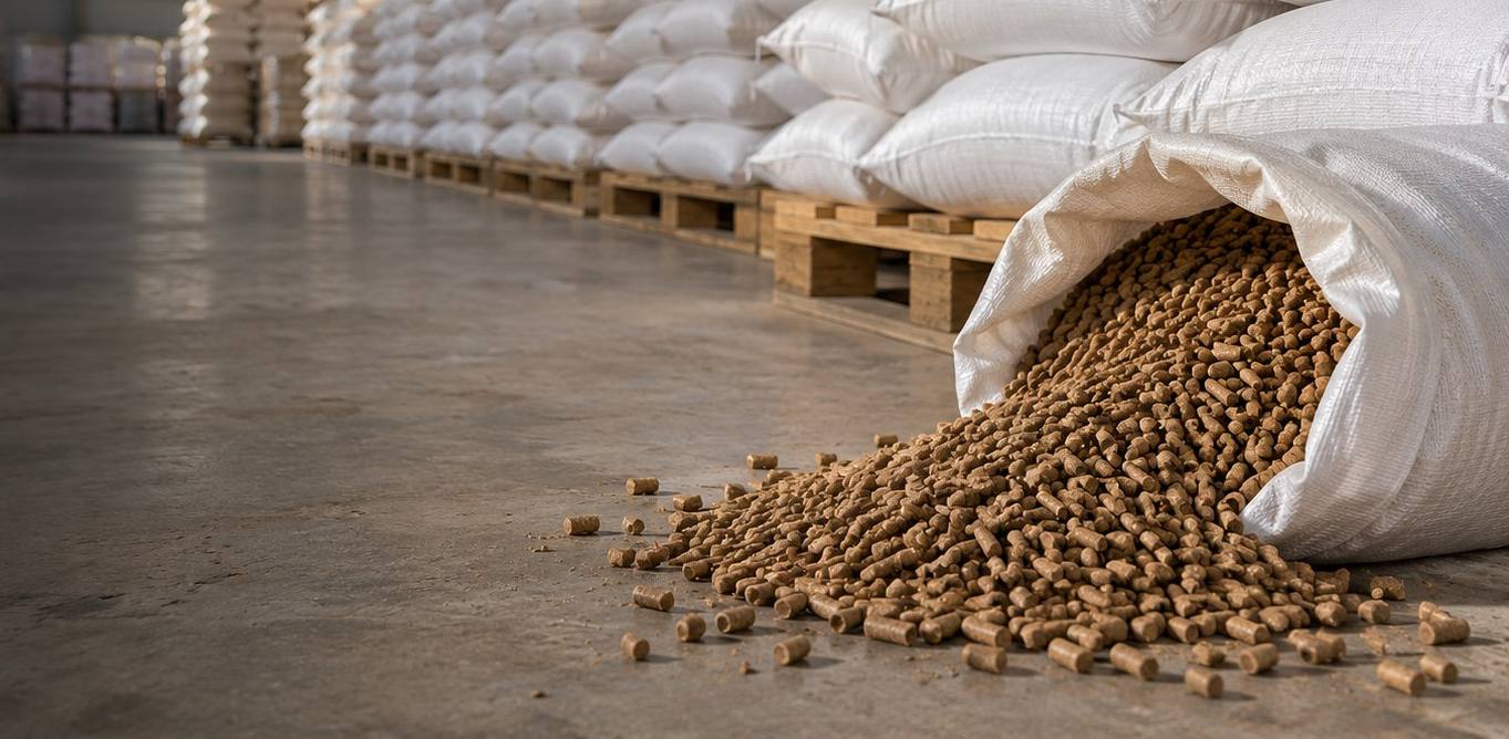 Compound feed pellets spilling from a woven bag in a feed warehouse