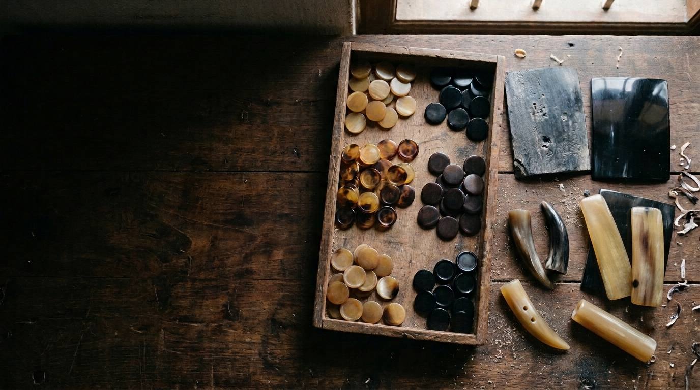 Sorted buffalo horn button blanks in several colour grades