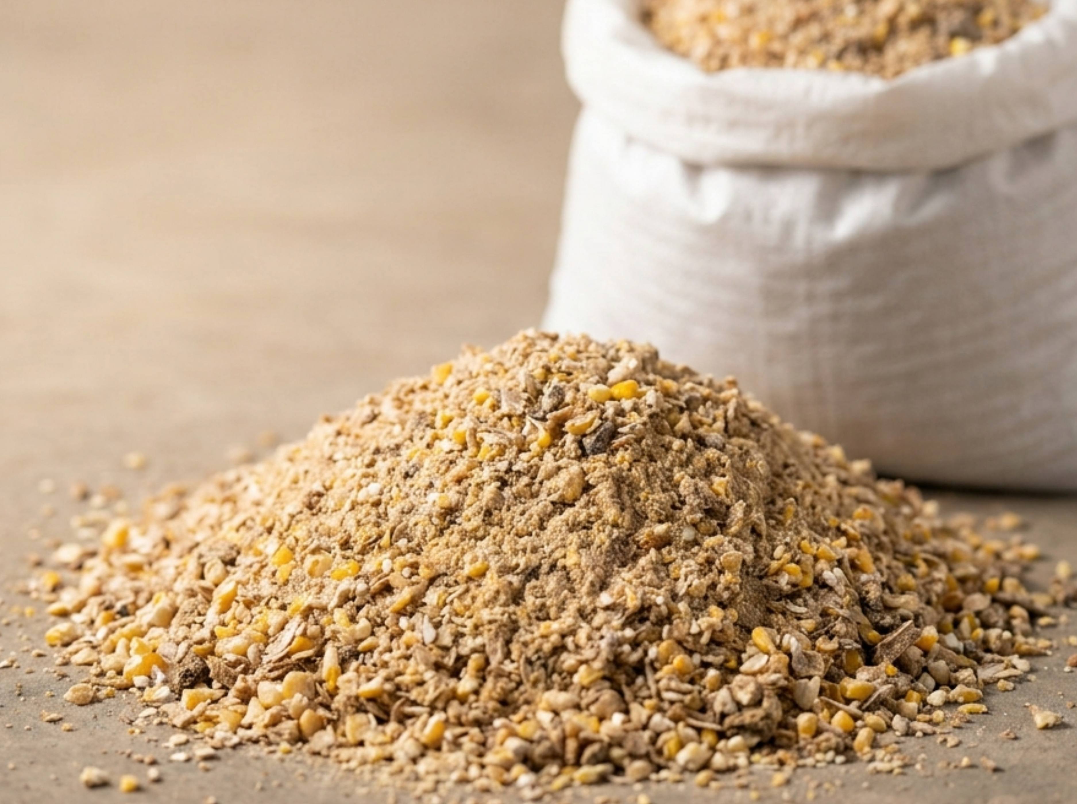 Cattle feed mash beside a woven feed bag