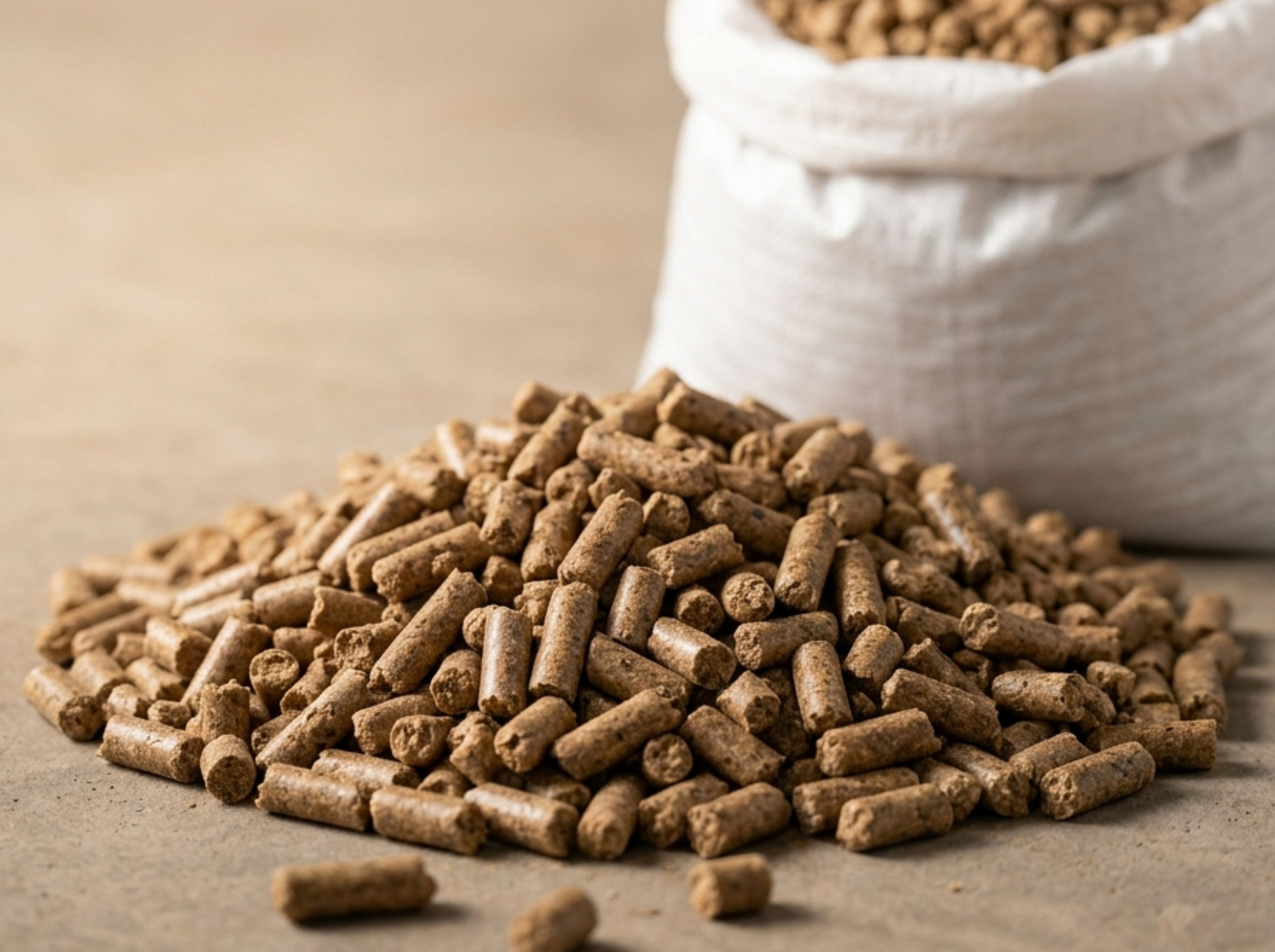 Cattle feed pellets beside a woven feed bag