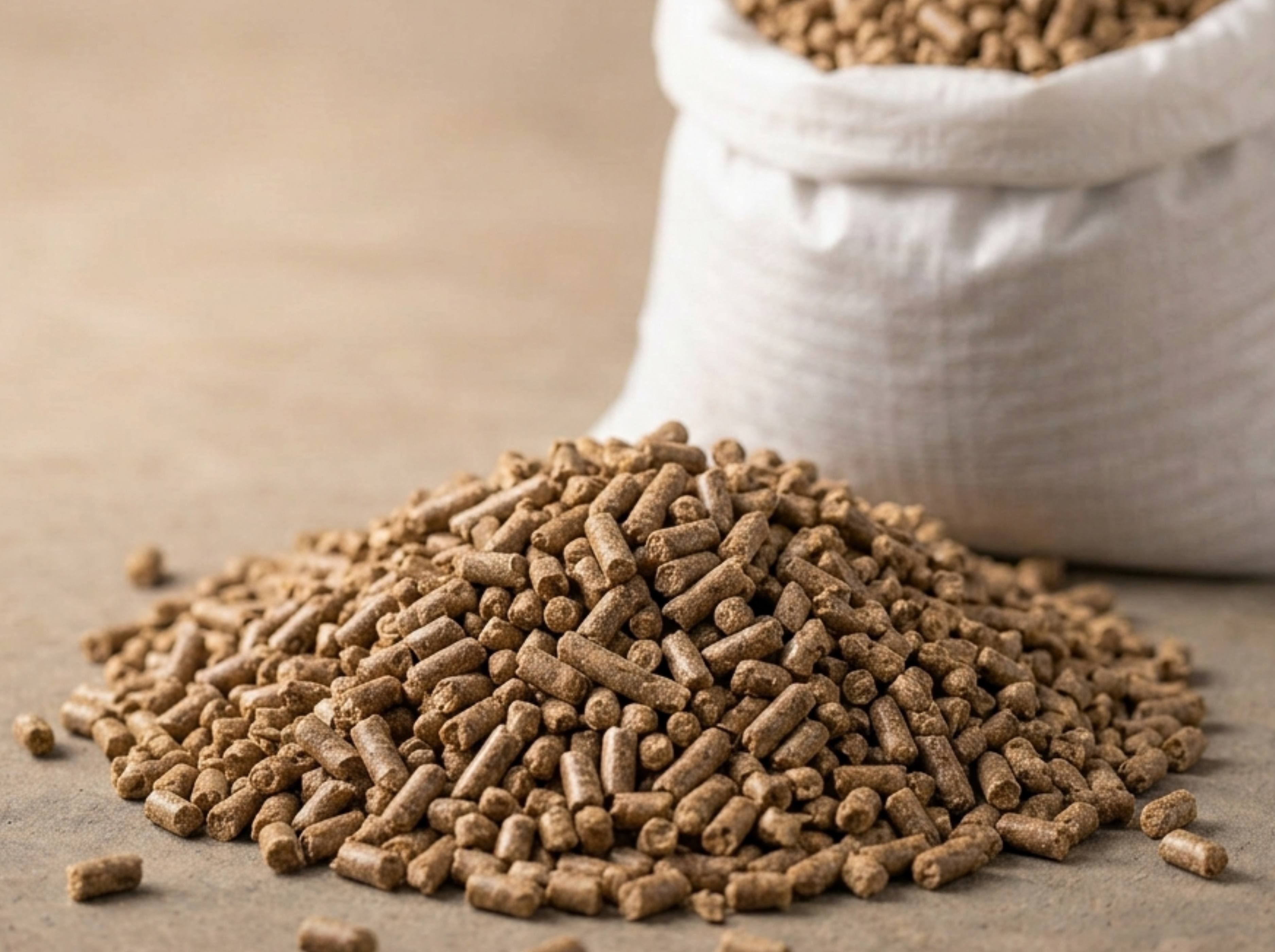 Goat feed pellets beside a woven feed bag