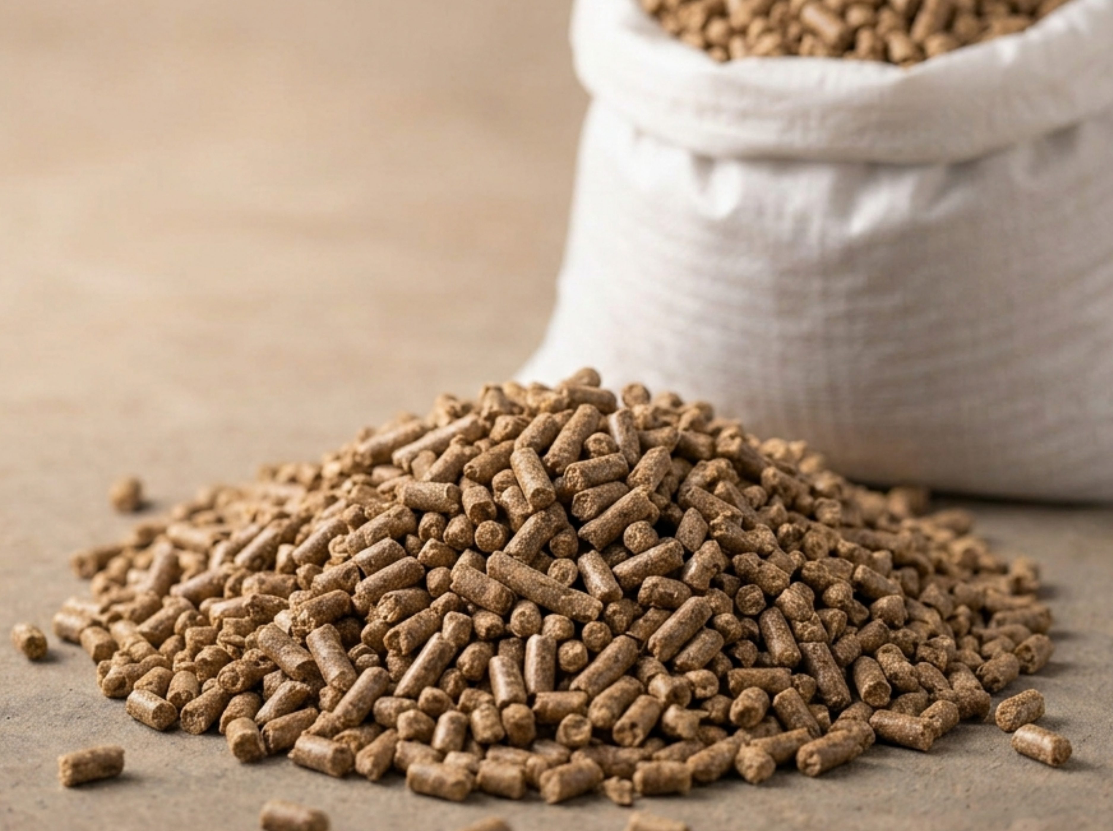 Goat feed pellets beside a woven feed bag