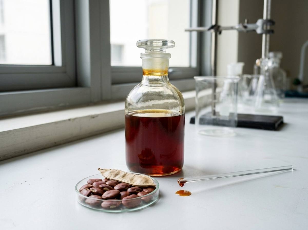 Cold-pressed karanja oil in a sample bottle beside a drum