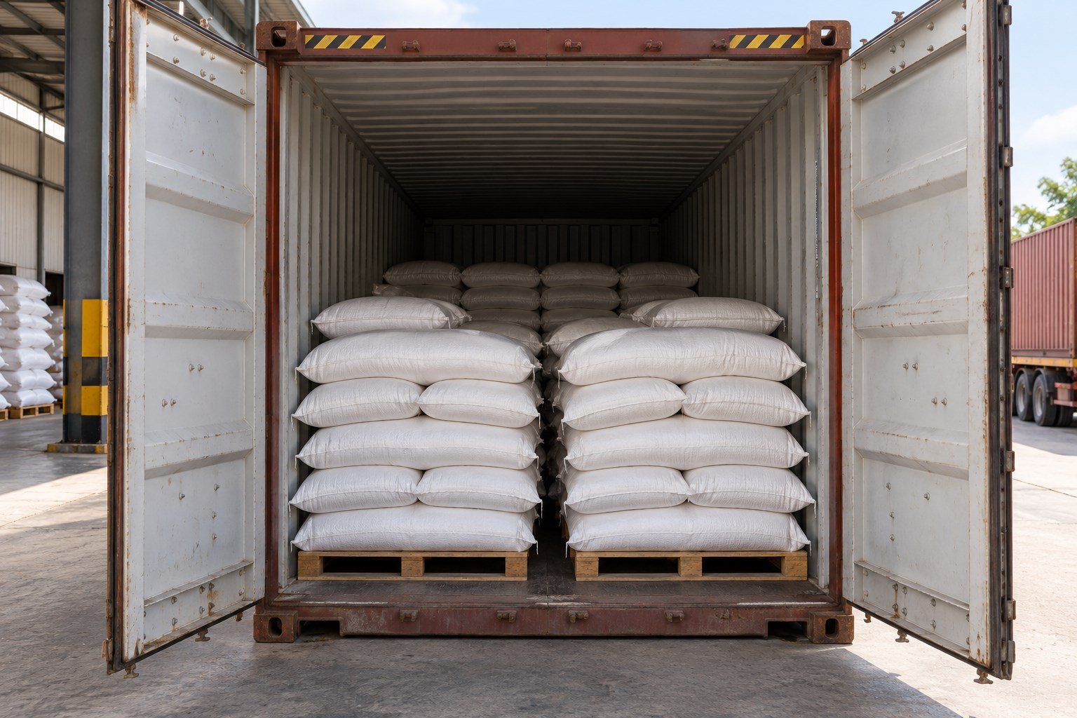Bagged goods stacked inside a shipping container