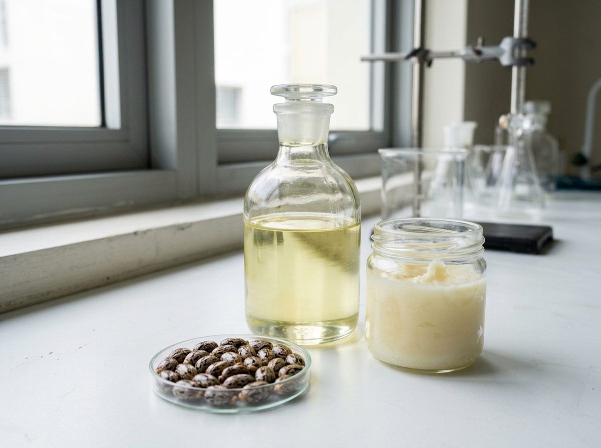 Mahua oil in a sample bottle beside a drum