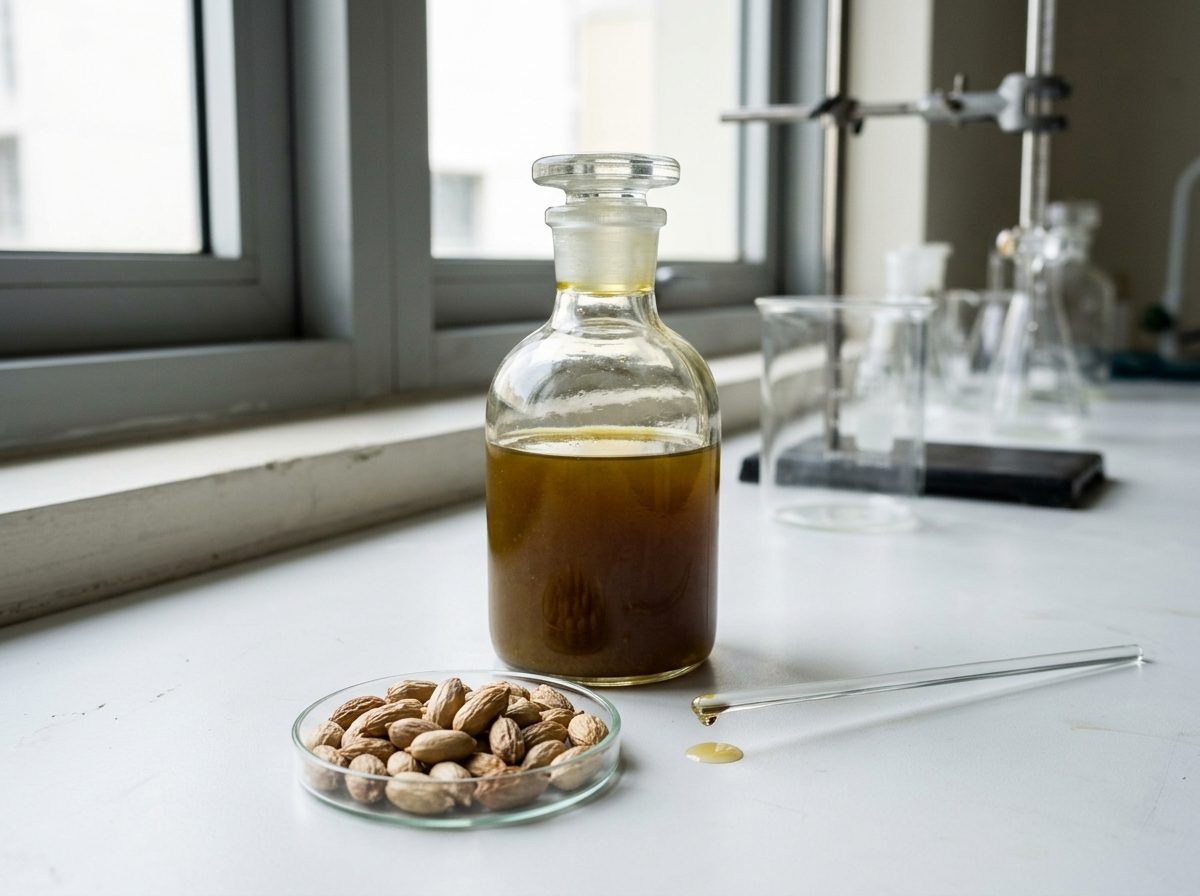 Cold-pressed neem oil in a sample bottle beside a drum