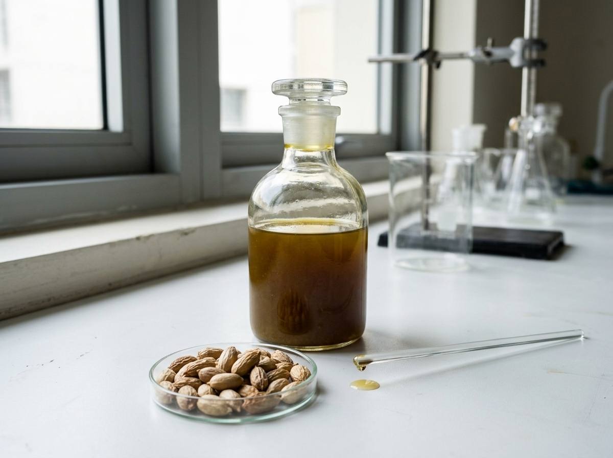 Cold-pressed neem oil in a sample bottle beside a drum