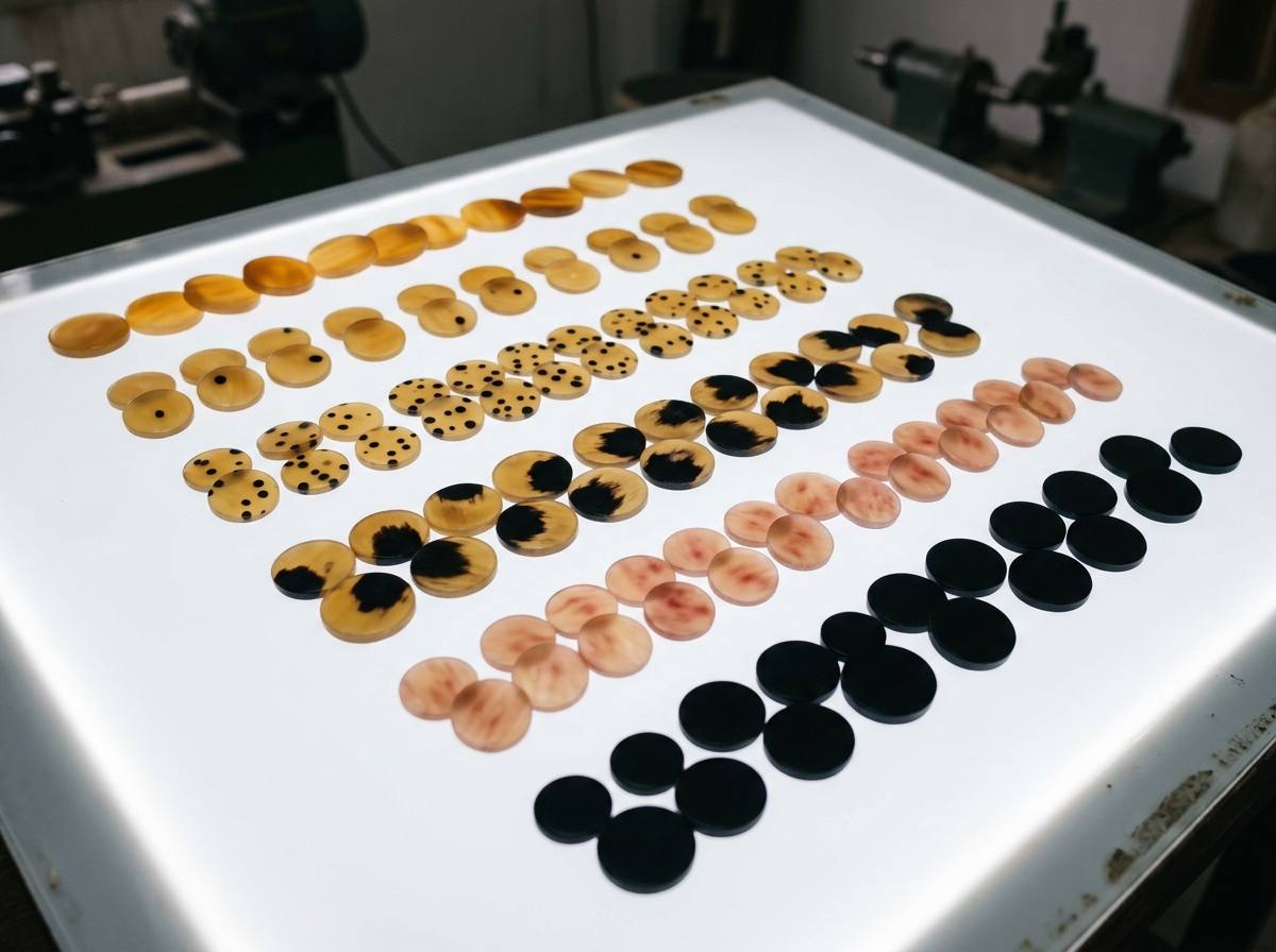 Ox horn button blanks sorted by colour grade