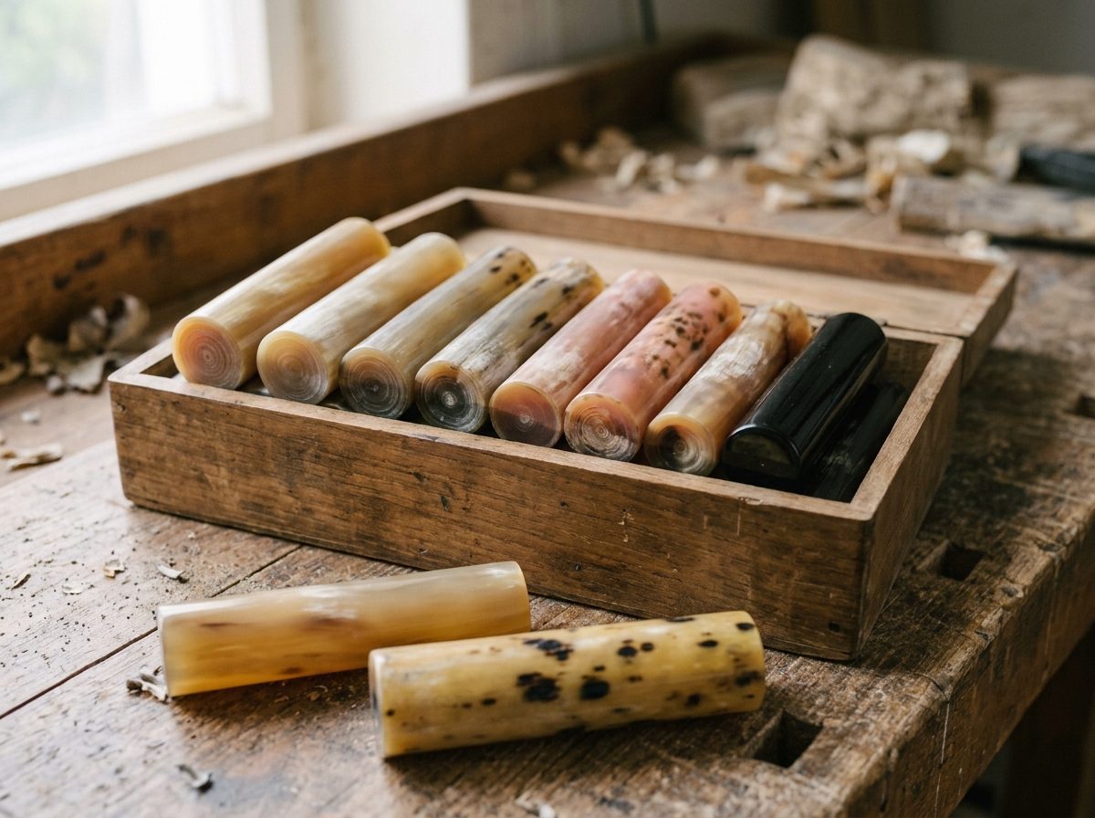 Cured ox horn rolls in several colour grades