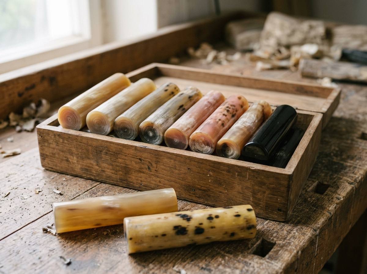 Cured ox horn rolls in several colour grades