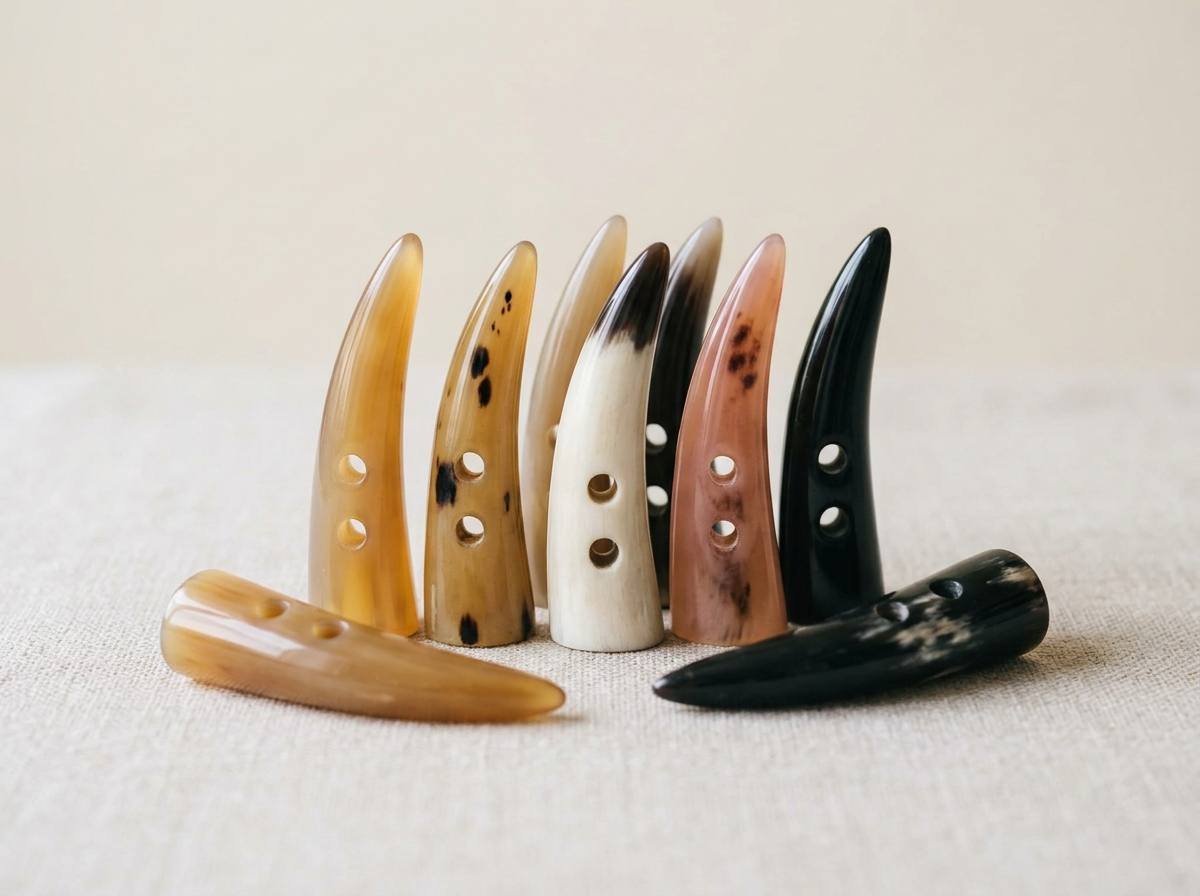Carved and polished ox horn toggles in several lengths