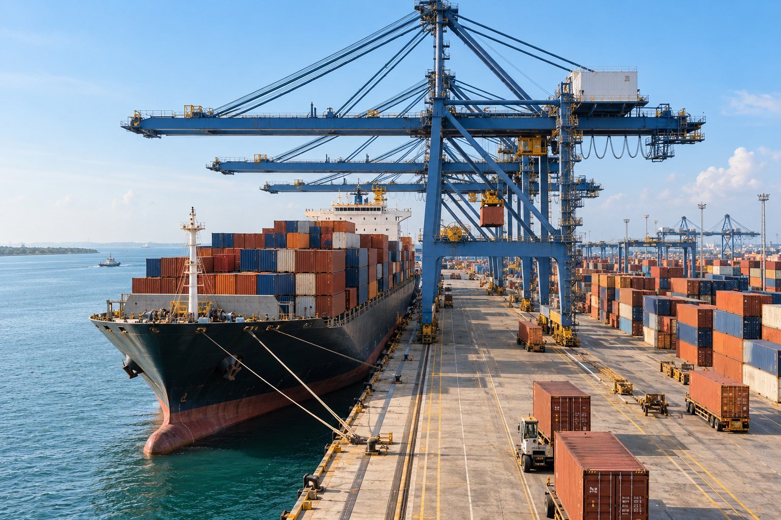 Container ship being loaded at a port with gantry cranes