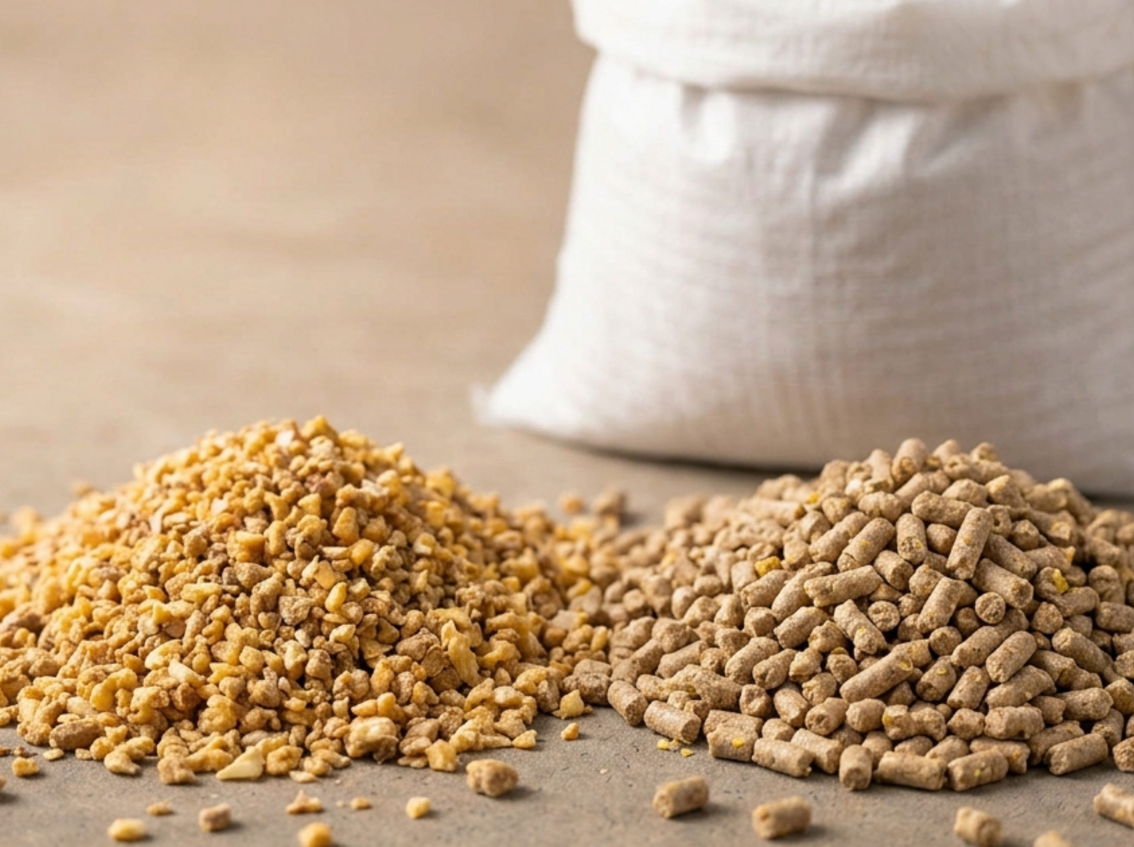Poultry feed crumble and pellets beside a woven feed bag